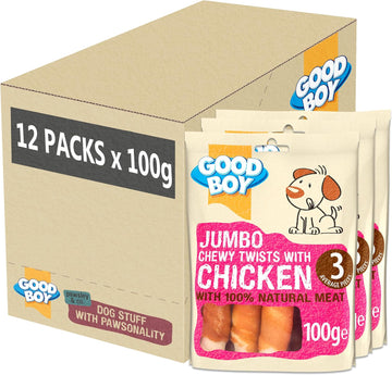 Good Boy - Jumbo Chewy Twists With Chicken - Dog Treats - Made With 100% Natural Chicken Breast Meat - 100 G E - Low Fat Dog Treats - Case Of 12