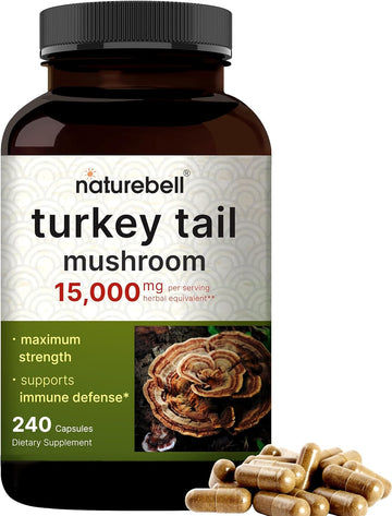 NatureBell Turkey Tail Mushroom Capsules | 25:1 Fruiting Body & Mycelium Extract – Immune & Brain Health Mushrooms Supplement