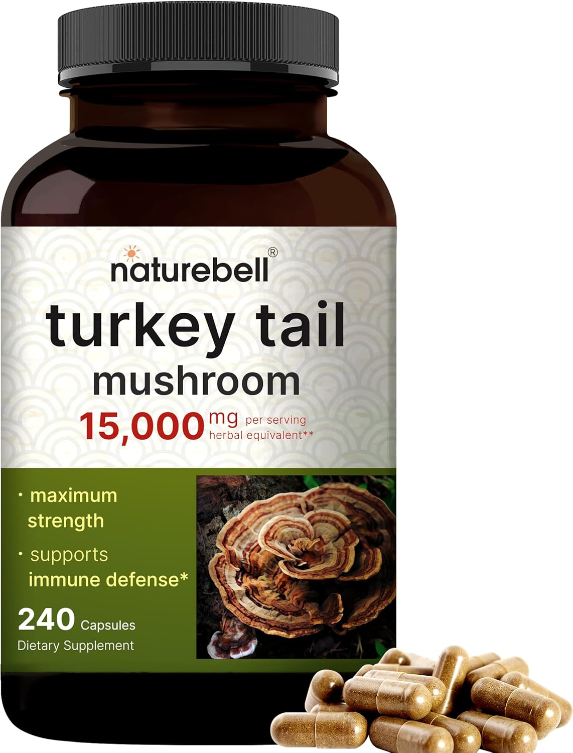Naturebell Turkey Tail Mushroom Capsules | 25:1 Fruiting Body & Mycelium Extract – Immune & Brain Health Mushrooms Supplement