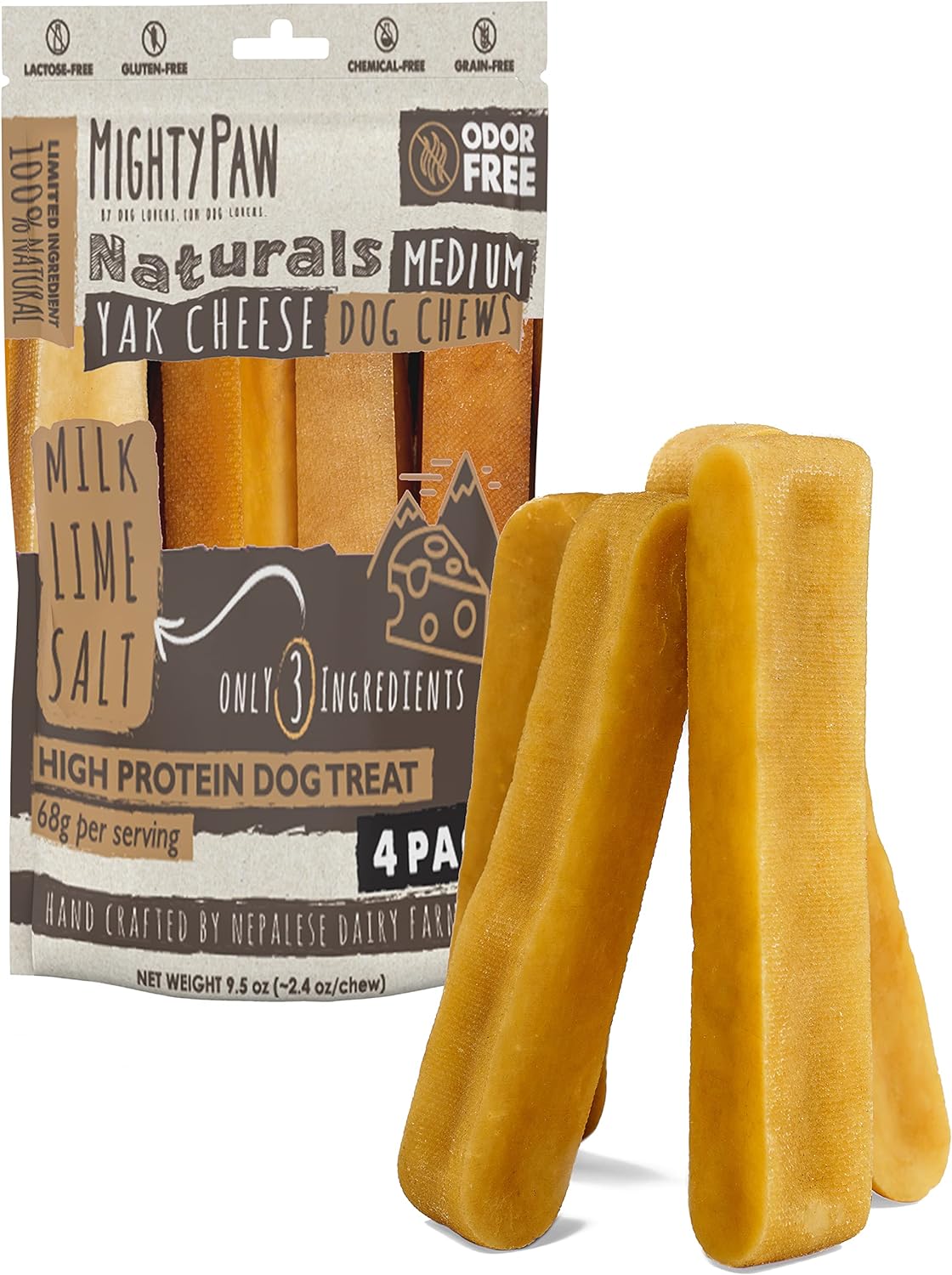 Mighty Paw Yak Cheese Chews for Dogs | All-Natural Long Lasting Pet Treats. Odorless Limited-Ingredient Chews for Puppies & Power-Chewers (Medium, 4 Pack)