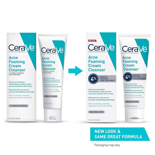 Cerave Acne Foaming Cream Cleanser | Acne Treatment Face Wash With 4% Benzoyl Peroxide, Hyaluronic Acid, And Niacinamide | Cream To Foam Formula | Fragrance Free & Non Comedogenic | 5 Oz