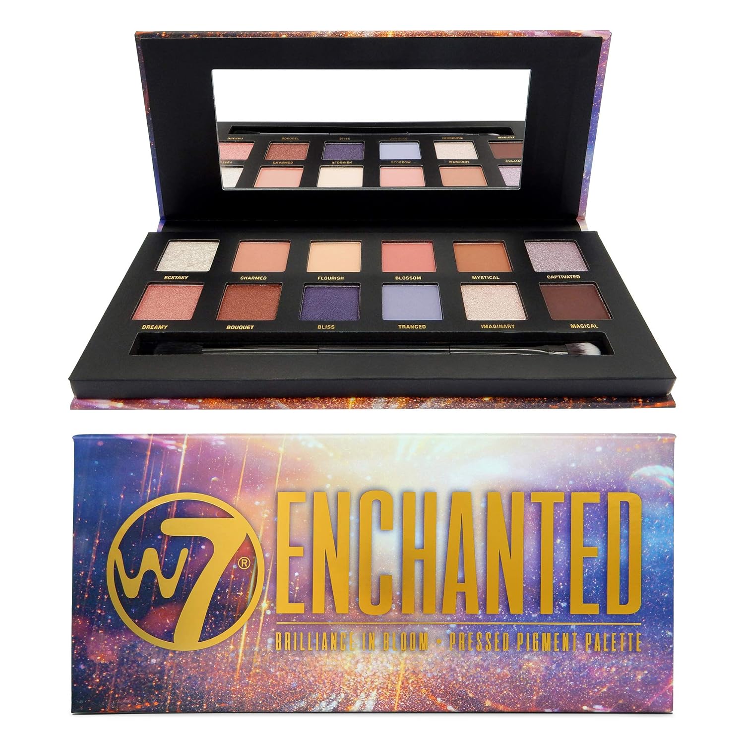 W7 Enchanted Pressed Pigment Palette - 12 Blushed Pink & Purple Colors - Flawless Long-Lasting Day Makeup