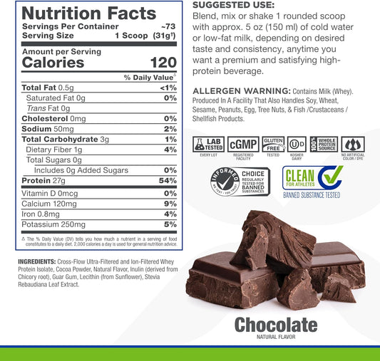 ALLMAX ISONATURAL Whey Protein Isolate, Chocolate - 5 lb - 27 Grams of Protein Per Scoop - Zero Fat & Sugar - 99% Lactose Free - with Prebiotics - No Artificial Flavors - Approx. 73 Servings
