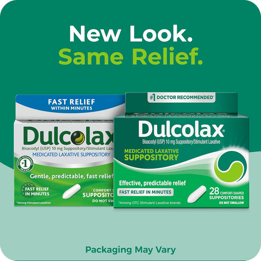 Dulcolax Stimulant Laxative Medicated Suppositories, Predictable & Effective Constipation Relief, Bisacodyl 10 Mg, 28 Count