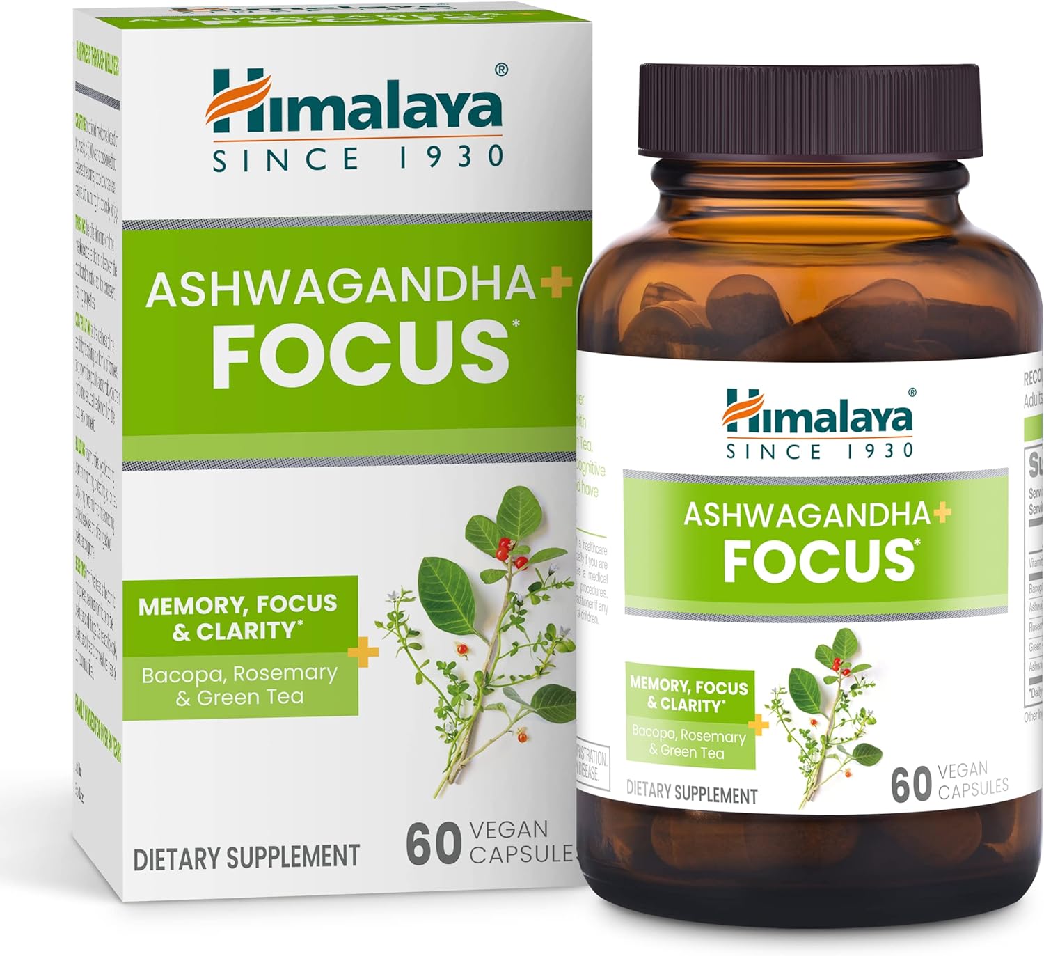 Himalaya Ashwagandha+ Focus With Ashwagandha, Bacopa, Rosemary & Green Tea For Memory, Focus And Clarity, 60 Capsules, 1 Month Supply, Vegan, Gluten Free