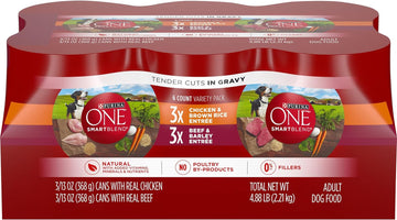 Purina ONE Tender Cuts in Gravy Chicken and Brown Rice, and Beef and Barley Entrees Wet Dog Food Variety Pack - (2 Packs of 6) 13 oz. Cans