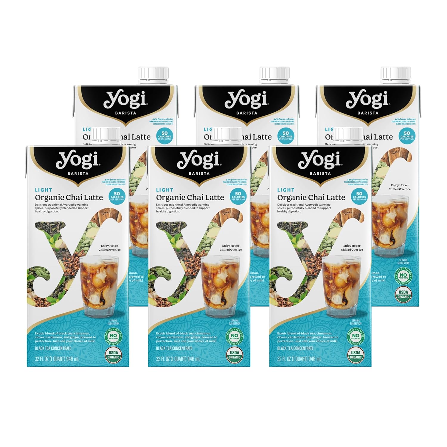 Yogi Barista Light Organic Chai Latte - 32 Fluid Oz (6 Pack) - Organic Chai Tea Concentrate - Supports Healthy Digestion - Includes Black Tea, Ginger, Cardamom, Cinnamon & More