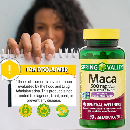 Spring Valley Maca Root 500Mg Capsules, Organic Maca Root For Women And Men, Dietary Supplement, 90 Pills (Pack Of 1)