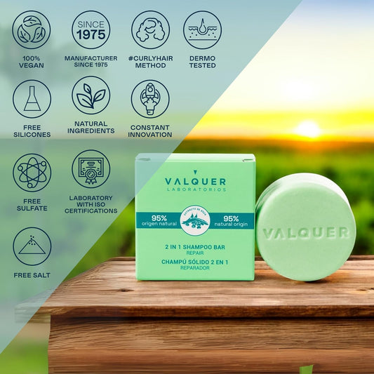 Valquer 2-In-1 Repairing Solid Shampoo And Conditioner. Cleanses, Moisturizes, And Softens Damaged And Brittle Hair With Soy Extract. Suitable For All Hair Types. Natural Ingredients And Vegan. 70 G