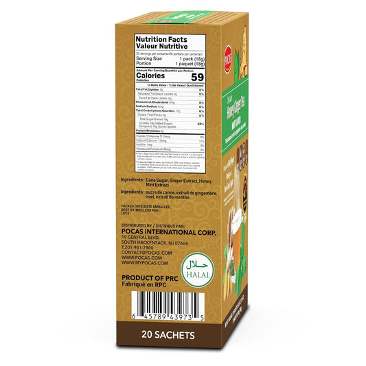 Pocas Honey Ginger Tea - Instant Tea Powder Packets With Mint & Ginger Honey Crystals, Non-Gmo/Gluten Free/Caffeine Free, 20 Count