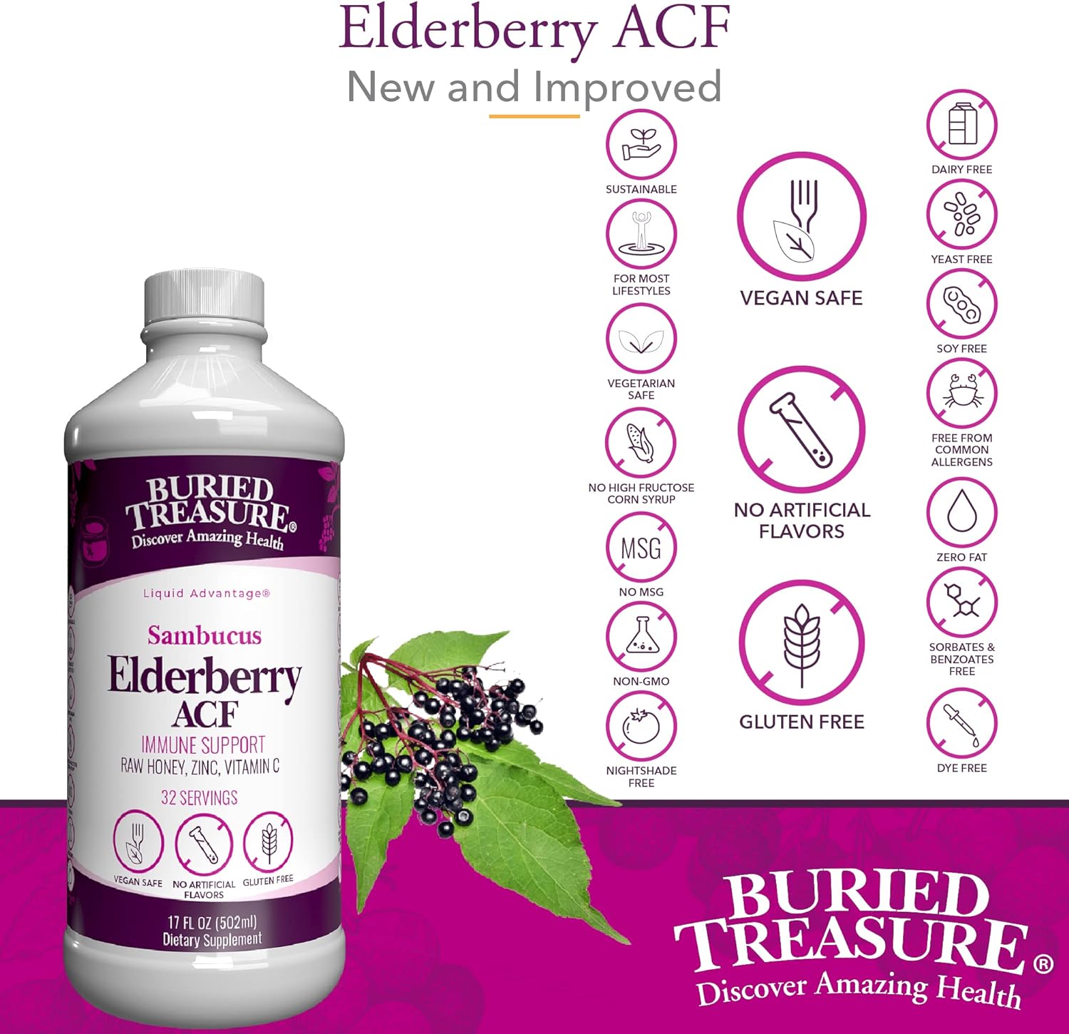 Buried Treasure Elderberry ACF with 4,000 mg Elderberry Sambucus Whole Fruit Concentrate, Vitamin C Plus Raw Local Honey Liquid Immune Support 16 oz : Health & Household