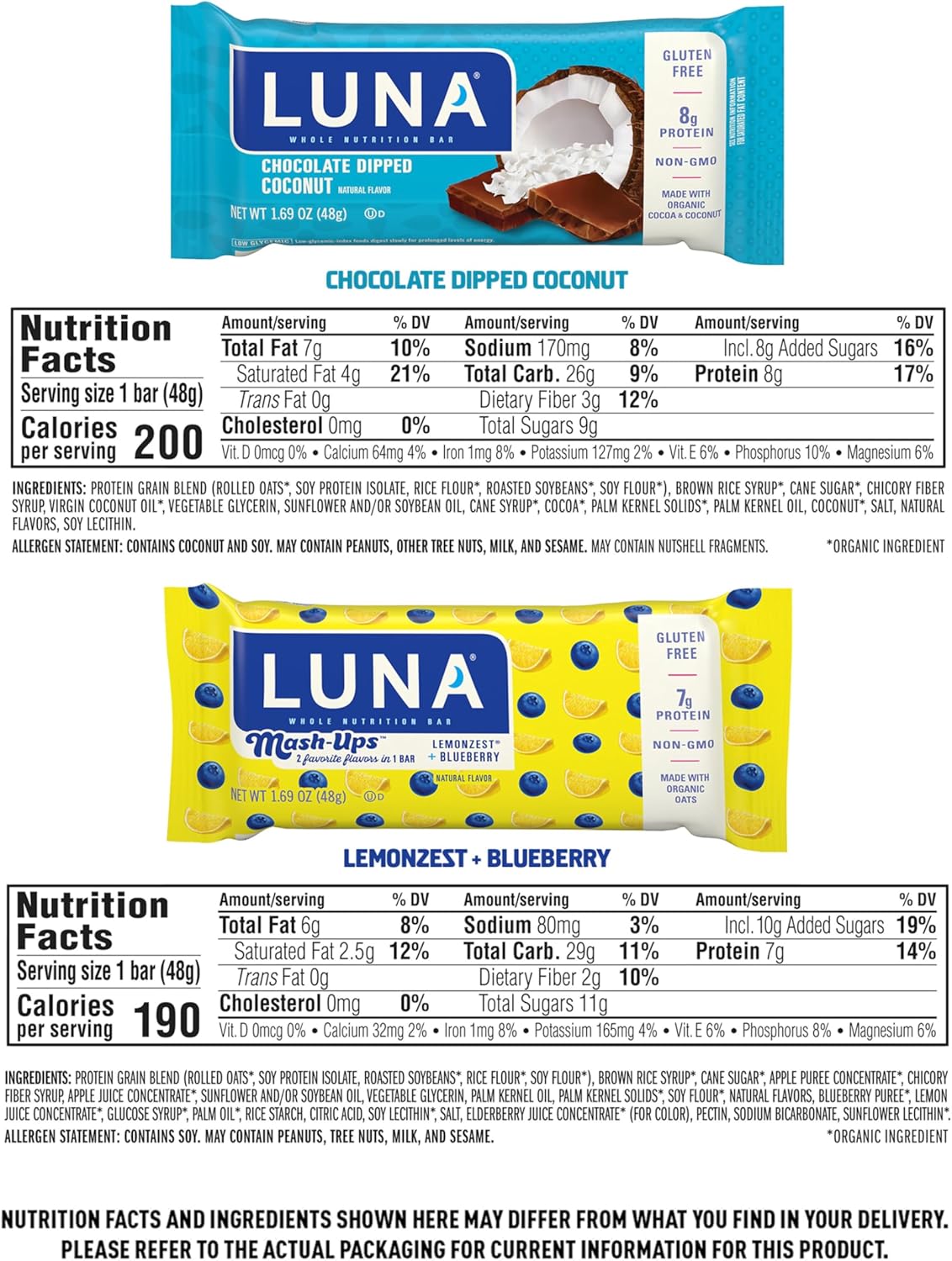 LUNA Bar - Variety Pack - Chocolate Dipped Coconut and LemonZest + Blueberry Mash-Ups - Gluten-Free - Non-GMO - 7-8g Protein - Made with Organic Oats - Low Glycemic - 1.69 oz. (12 Count) : Grocery & Gourmet Food