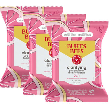 Burt's Bees Pink Grapefruit Face Wipes, Mothers Day Gifts for Mom for All Skin Types, Hydrating Makeup Remover & Facial Cleansing Towelettes, 30 Ct. (3-Pack)