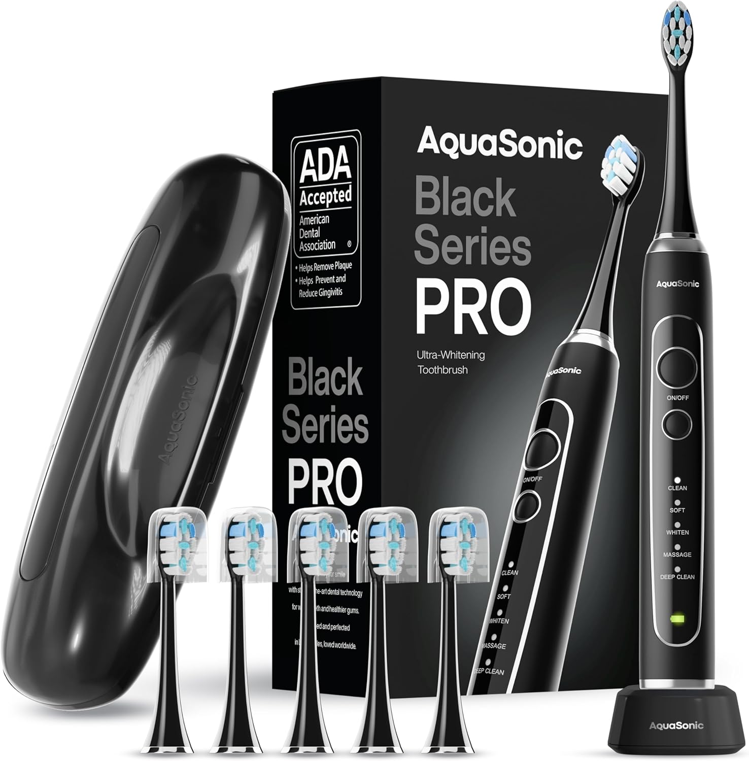 Aquasonic Black Series Pro – Ultra-Whitening Electric Toothbrush – 5 Modes & Smart Timers – Premium Travel Case & 6 Proflex Brush Heads – Ada Accepted Toothbrush