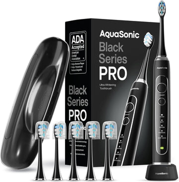 Aquasonic Black Series Pro – Ultra-Whitening Electric Toothbrush – 5 Modes & Smart Timers – Premium Travel Case & 6 Proflex Brush Heads – Ada Accepted Toothbrush