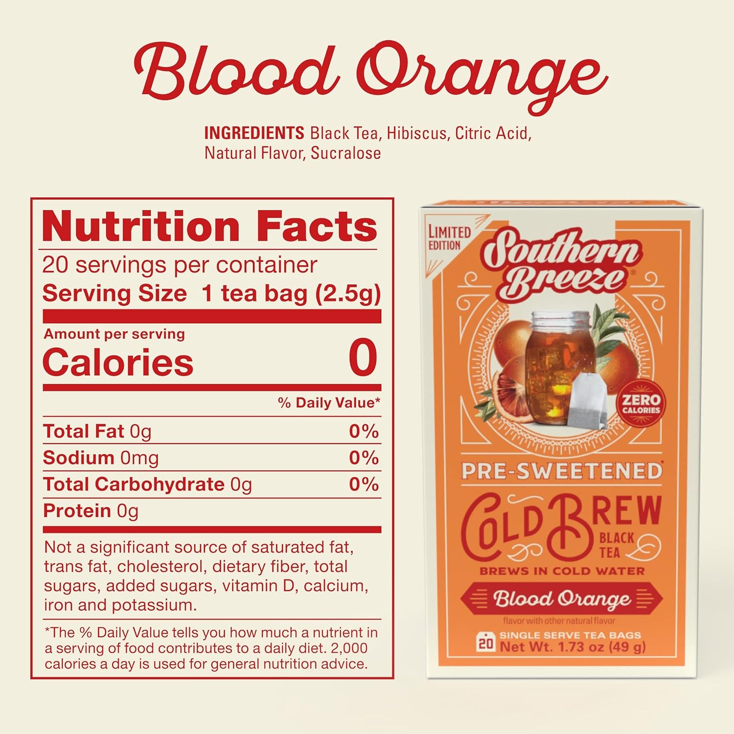 Southern Breeze Cold Brew Sweet Tea Blood Orange Iced Tea With Black Tea And Zero Carbs Zero Sugar, 20 Individually Wrapped Tea Bags Southern Sweet Tea Iced Tea Beverage