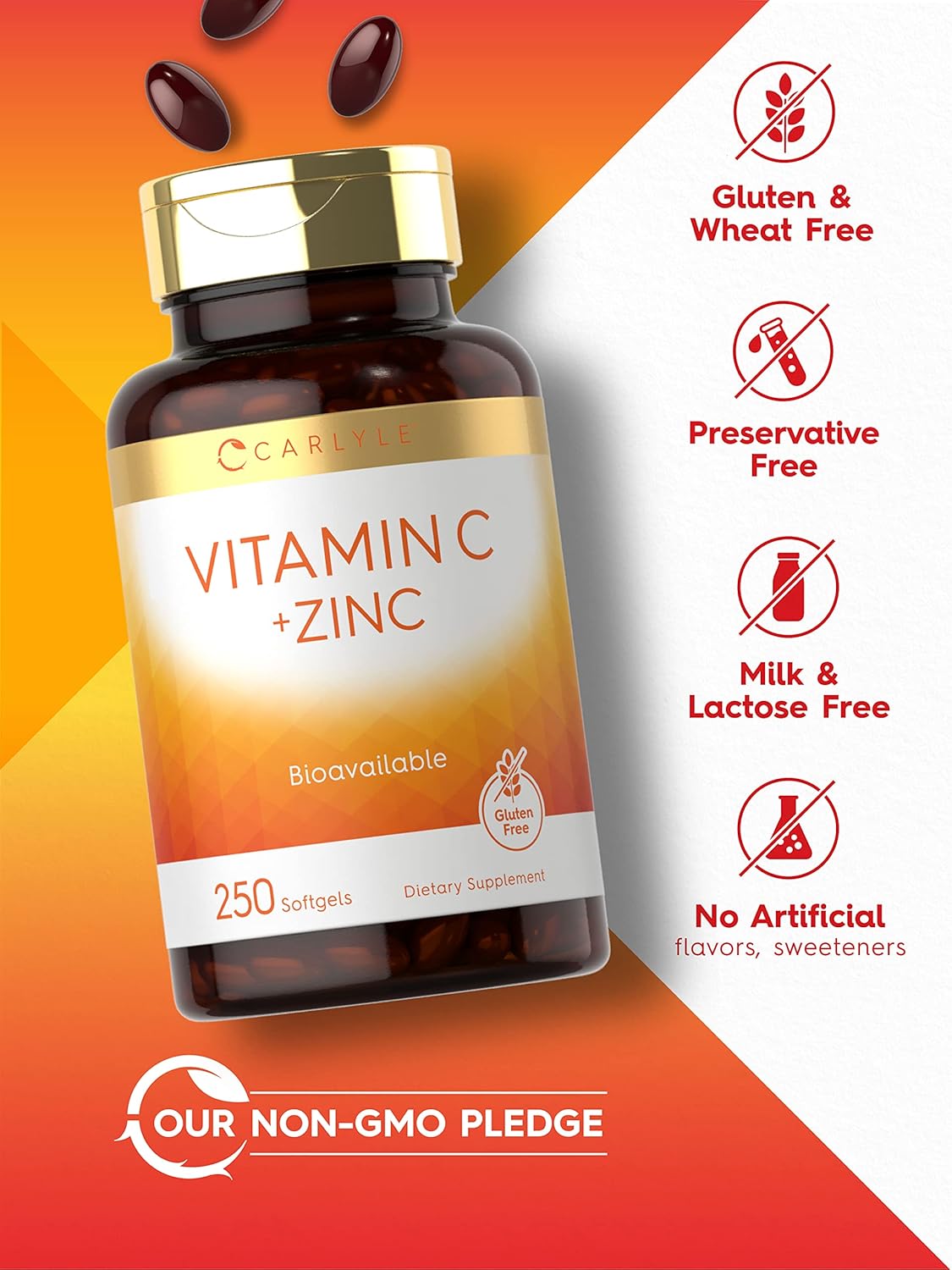 Carlyle Vitamin C With Zinc | 250 Softgels | Bioavailable | Ascorbic Acid | Zinc Oxide | Non-Gmo And Gluten Free Supplement