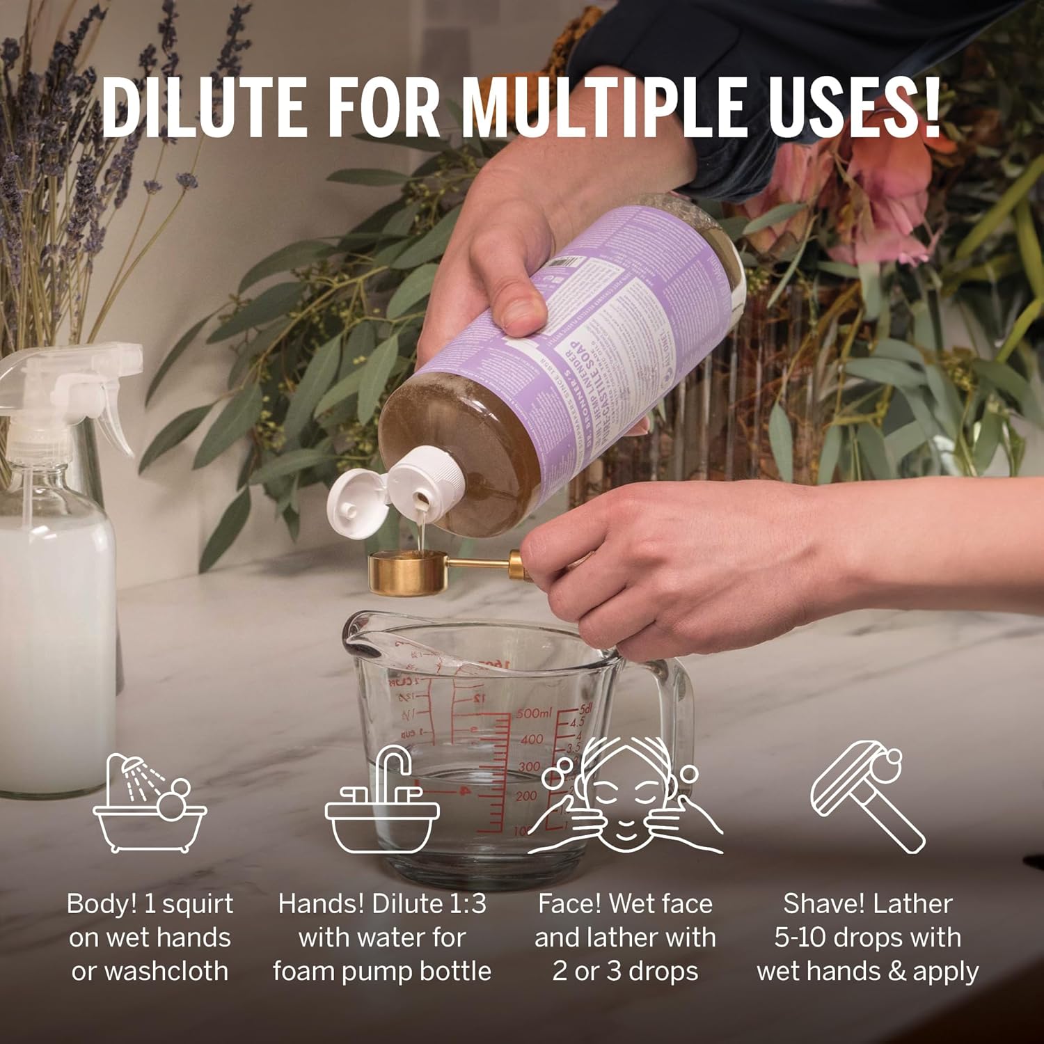 Dr. Bronner's Pure Castile Liquid Soap - Made with Regenerative Organic Certified Oils - 18-in-1 Uses for Face, Body, Hand, Hair- Gentle on Sensitive Skin - All Natural Body Wash- Lavender,32oz : Bath Soaps : Beauty & Personal Care