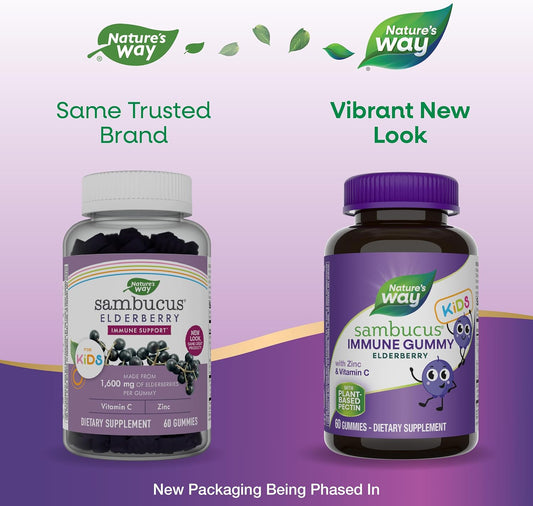 Nature'S Way Sambucus Elderberry Immune Gummies For Kids, Immune Support Gummies*, With Black Elderberry Extract, Vitamin C And Zinc, 60 Gummies (Packaging May Vary)