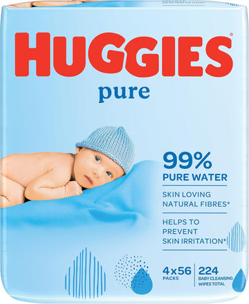 Huggies Pure, Baby Wipes, 4 Packs (224 Wipes Total) - Natural Wet Wipes For Sensitive Skin - 99 Percent Pure Water - Fragrance Free To Clean And Protect