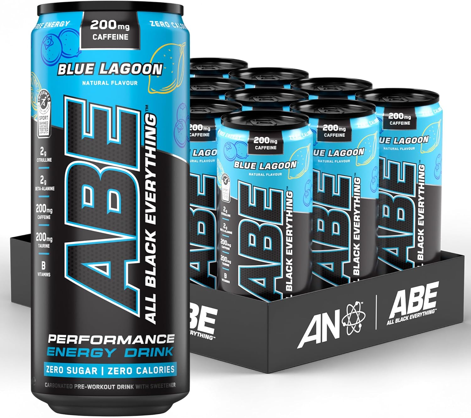 Applied Nutrition Abe Pre Workout Cans - All Black Everything Energy + Performance Drink, Abe Carbonated Beverage Sugar Free With Caffeine (Pack Of 12 Cans X 330Ml) (Blue Lagoon)