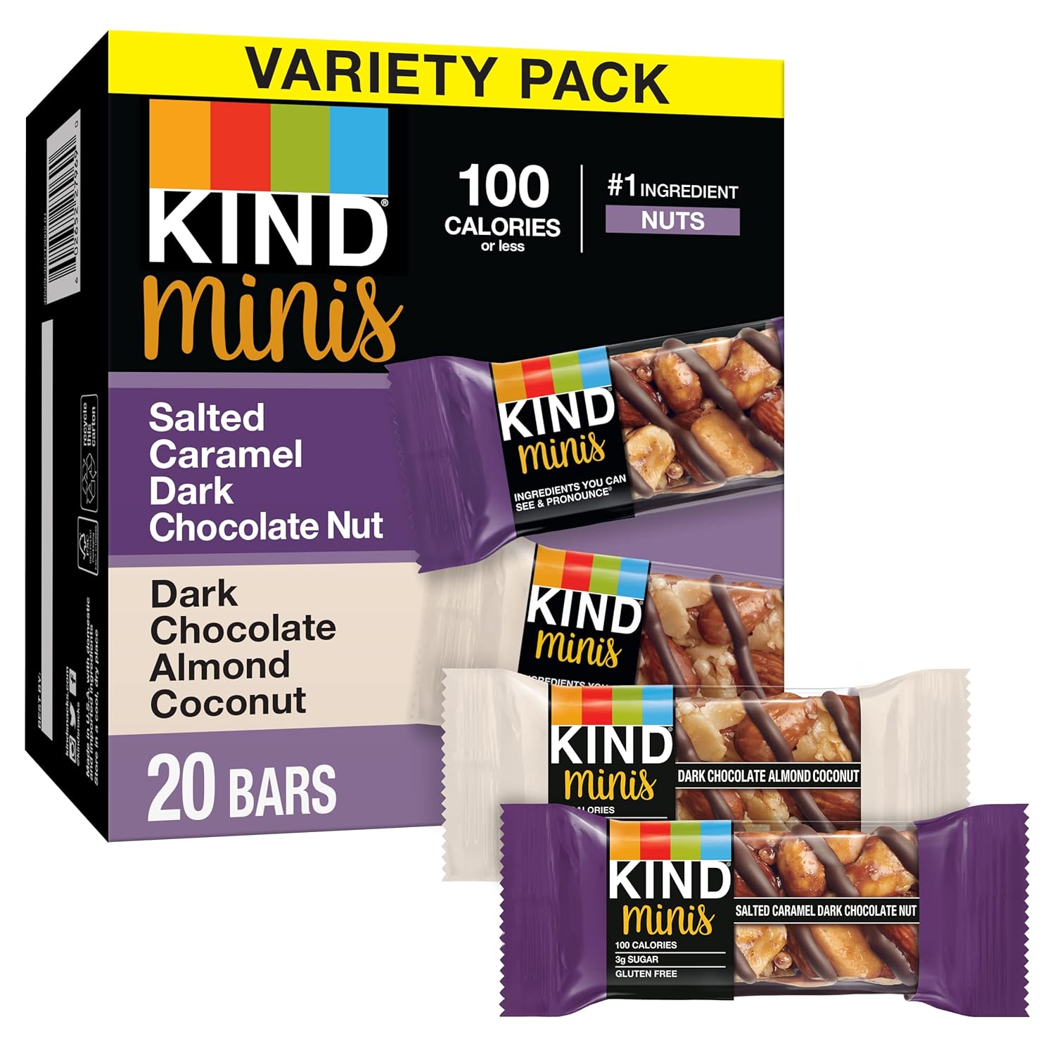 Kind Bar Minis, Salted Caramel Dark Chocolate Nut & Dark Chocolate Almond Coconut, Variety Pack, Gluten Free, 100 Calories, Low Sugar, 80 Count