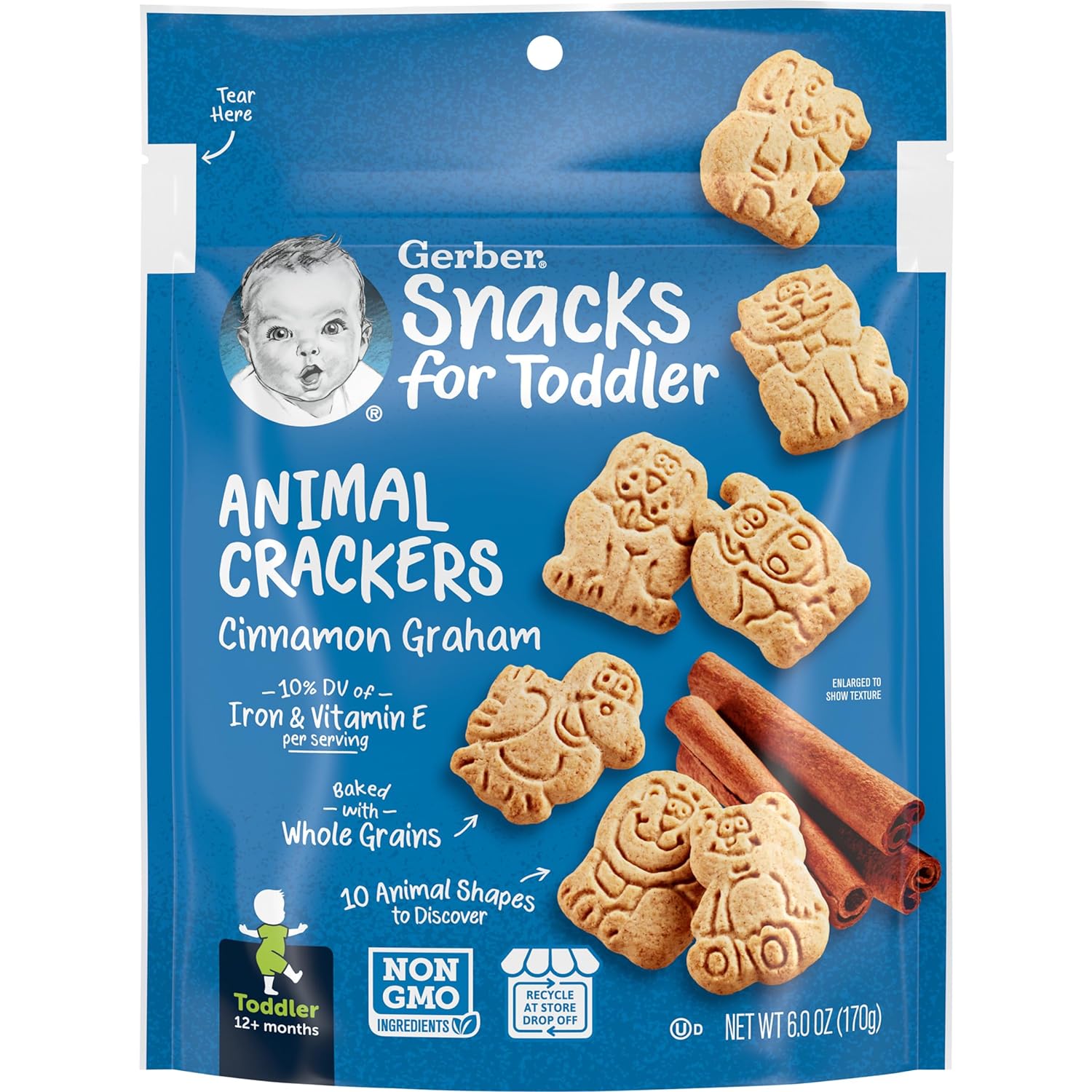 Gerber Snacks for Toddler Animal Crackers, Cinnamon Graham, 6 Ounce Pouch (Pack of 4)