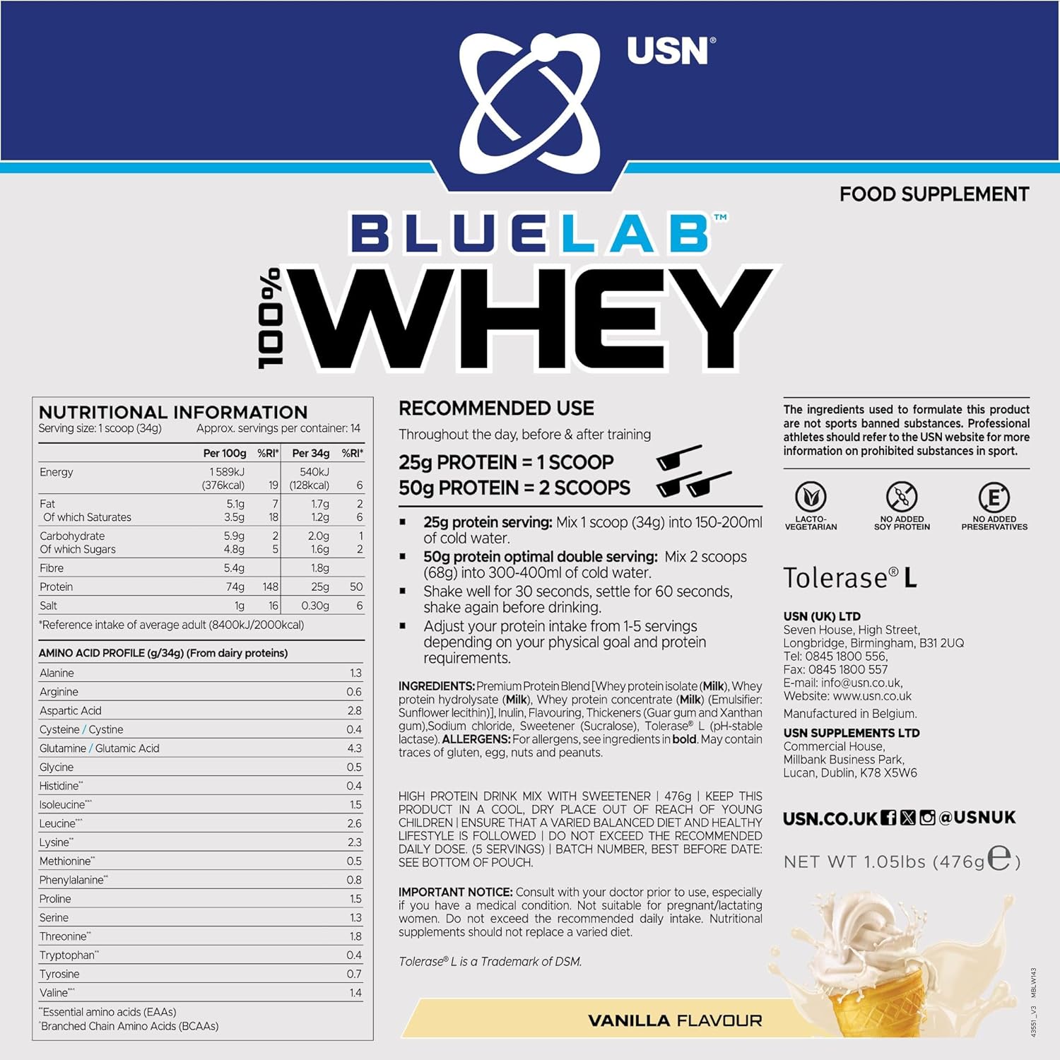 USN Blue Lab Whey Protein Powder, Vanilla Flavour - 476g (14 Servings), Premium Whey Isolate Protein Dietary Supplement, Post Workout Lean Muscle Growth BCAA Amino Acids Powder : Amazon.co.uk: Health & Personal Care