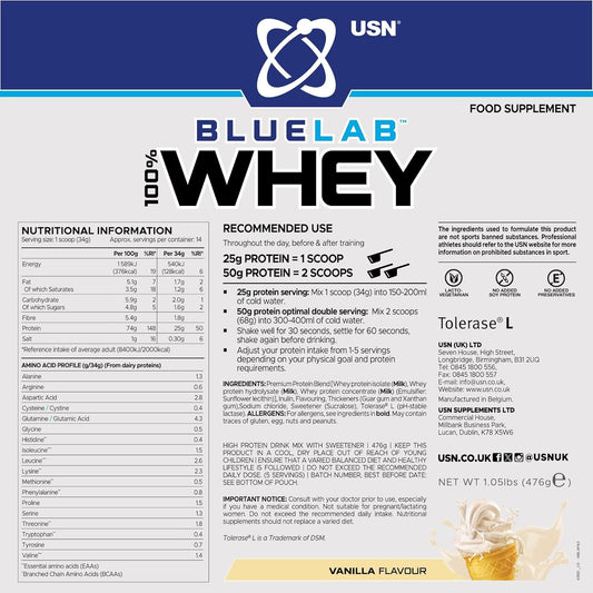 USN Blue Lab Whey Protein Powder, Vanilla Flavour - 476g (14 Servings), Premium Whey Isolate Protein Dietary Supplement, Post Workout Lean Muscle Growth BCAA Amino Acids Powder : Amazon.co.uk: Health & Personal Care