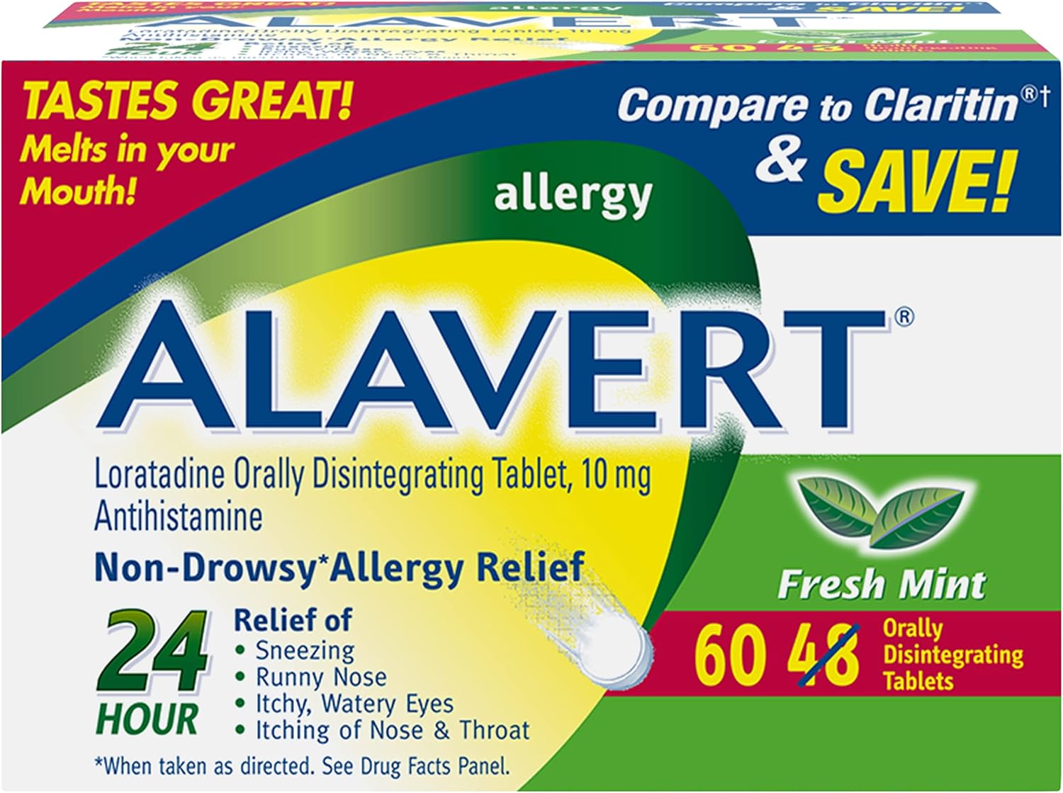Alavert Allergy 24 Hour Relief, Fresh Mint Flavor, Orally Disintegrating Allergy Tablets, Non-Drowsy Antihistamine, Loratadine 10Mg, 60 Count