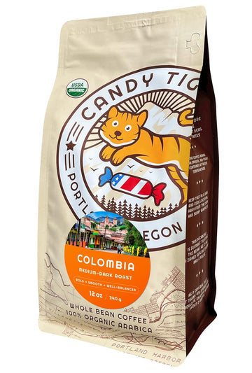 Candy Tiger Usda Organic Medium To Dark Roast Whole Bean Single Origin Coffee From Colombia. Mild Acidity, Direct Trade, Hand-Picked, Classic Artisan Roast, Gourmet Colombian Beans 12 Oz