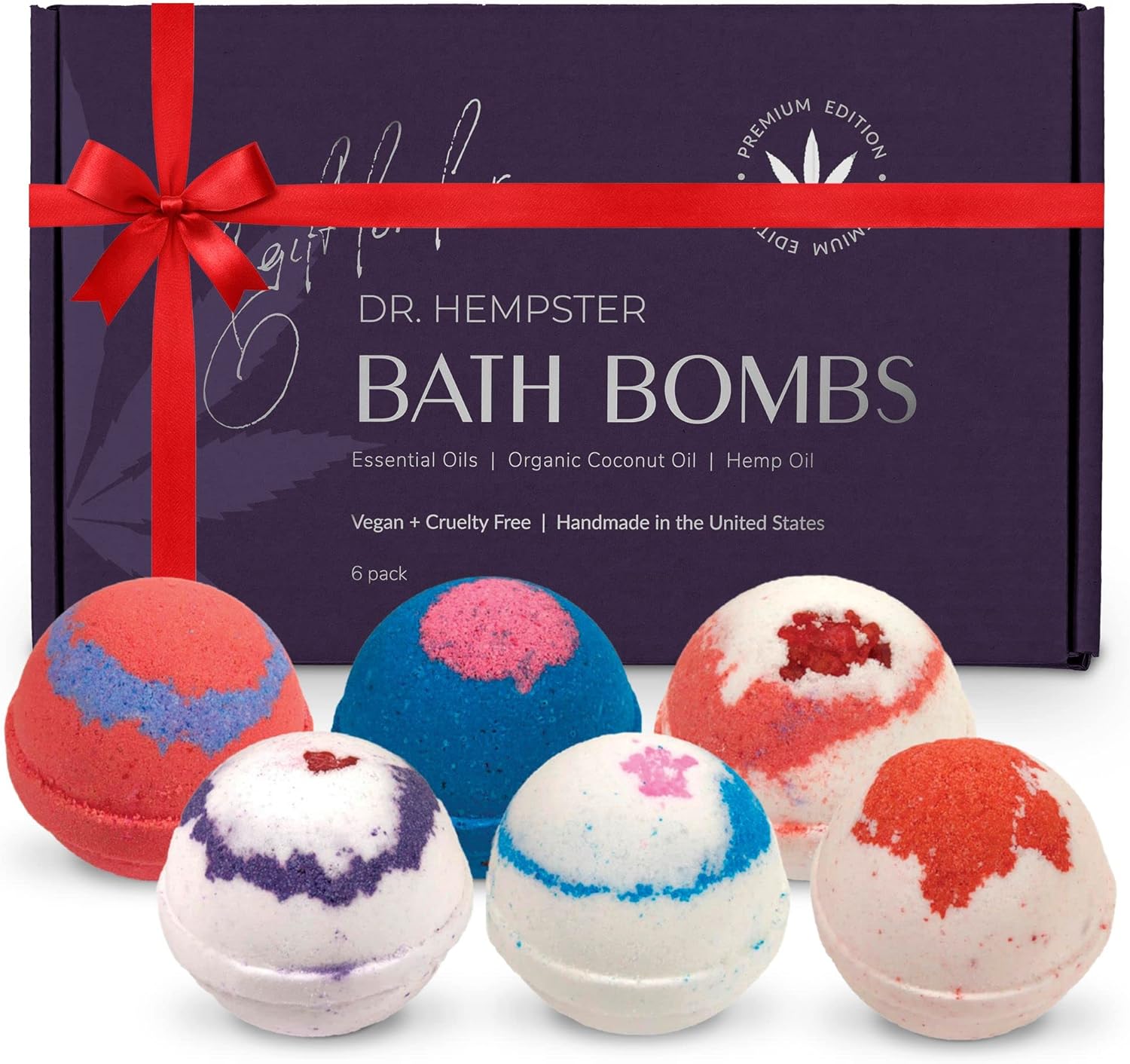Organic Bath Bomb Gift Set - 6 Pack - Gifts for Women - Natural Coconut and Hemp Bath Bombs with Essential Oils – Mother's Day Gifts for Mom or Wife - Made in The USA