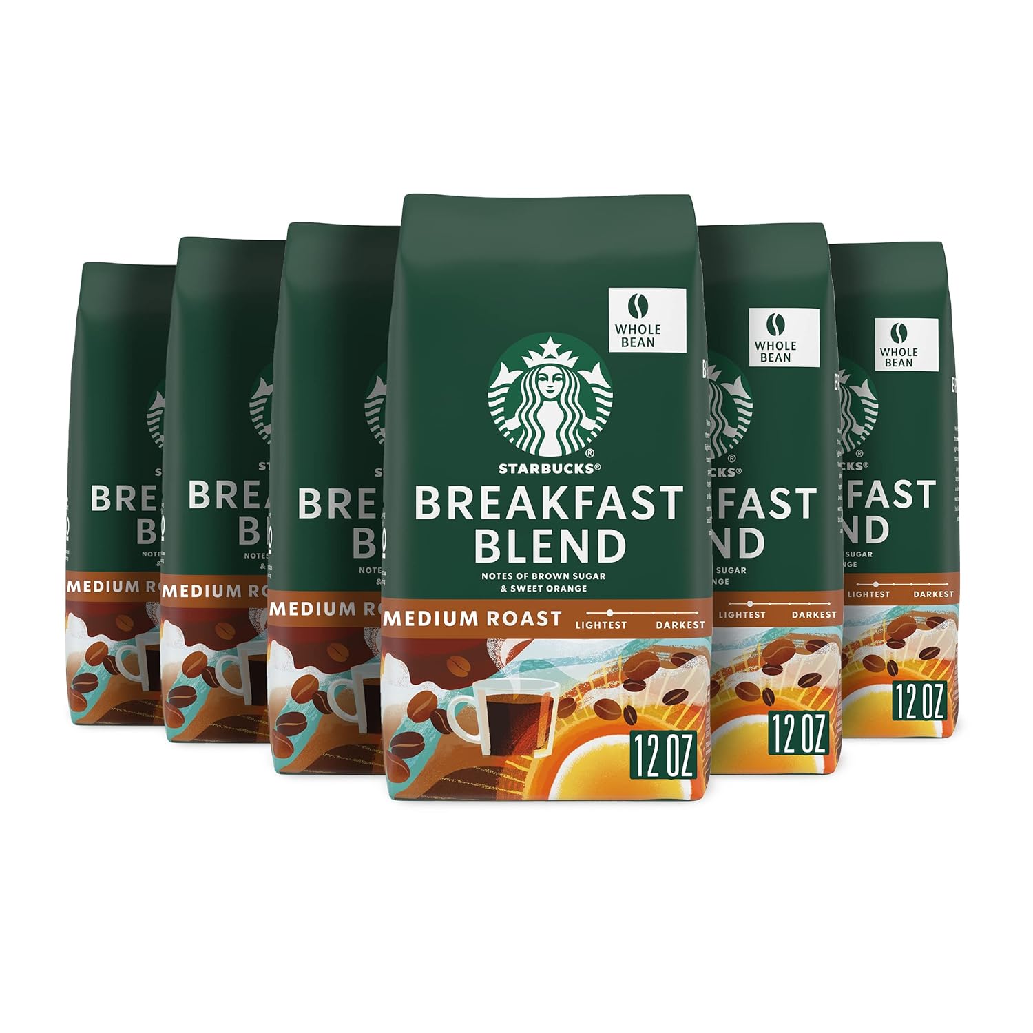 Starbucks Whole Bean Coffee, Medium Roast Coffee, Breakfast Blend, 100% Arabica, 6 Bags (12 Oz)
