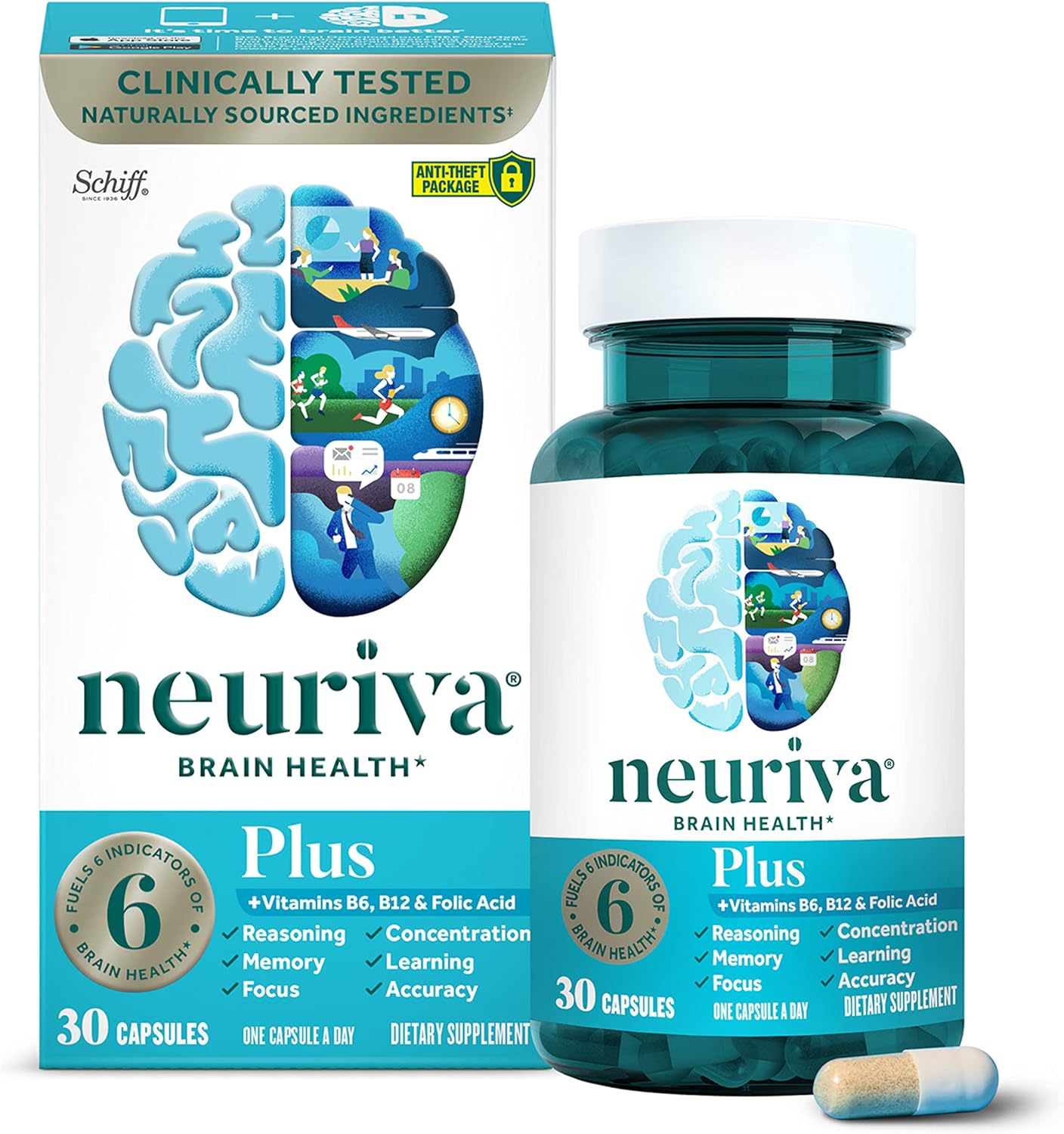 Neuriva Plus Brain Supplement For Memory And Focus Clinically Tested Nootropics For Concentration For Mental Clarity, Cognitive Enhancement Vitamins B6, B12, Phosphatidylserine 30 Capsules