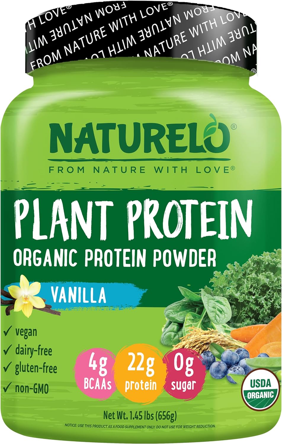 NATURELO Plant Protein Powder, Vanilla, 22g Protein - Non-GMO, Vegan,