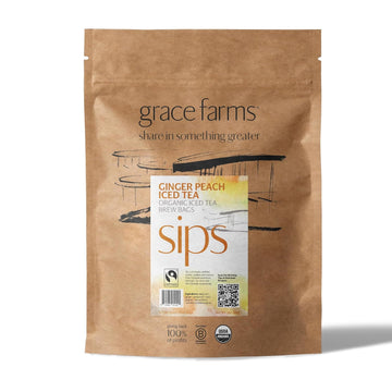 Grace Farms Ginger Peach Organic Iced Tea (Twelve 1Qt. Brew Bags, 3 Gallons) | Refreshing And Fruity, Naturally Sweet Sugar-Free | Easy Cold Brew