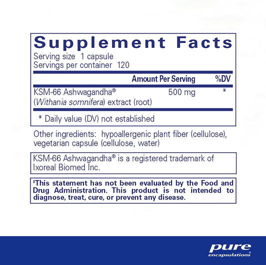 Pure Encapsulations Ashwagandha - 500 Mg Ashwagandha Extract - Metabolism & Stress Support - Immune Support - Gmo Free & Vegan - 120 Capsules