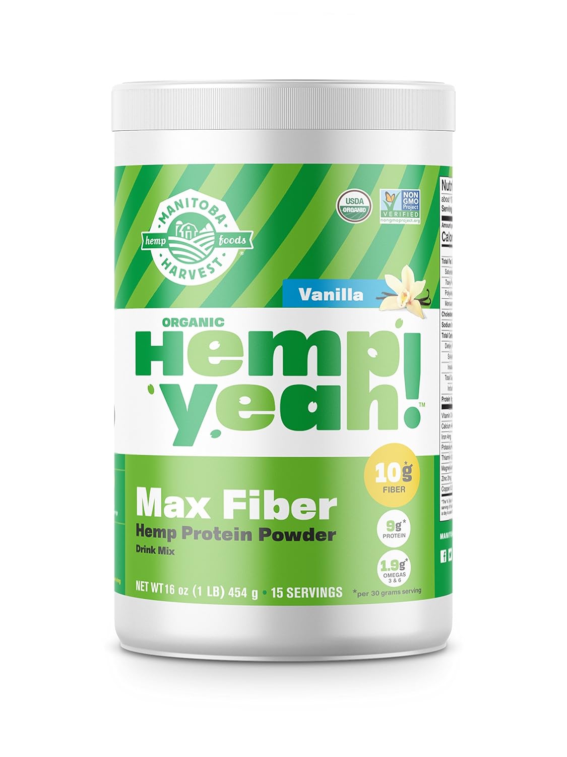 Manitoba Harvest Hemp Yeah! Organic Max Fiber Protein Powder, Vanilla, 16Oz; With 10G Of Fiber, 9G Protein And 1.9G Omegas 3&6 Per Serving, Preservative Free, Non-Gmo, Packaging May Vary