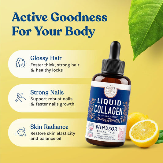 Windsor Botanicals Liquid Collagen For Women And Men - Hair, Skin, Nails Vitamins - Lemon Flavor Collagen Peptides Hair Growth Drink - 5,000Mcg Biotin, 10,000Mcg - Us Made - 2X2Oz