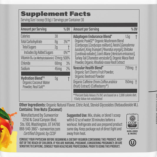 Sunwarrior Plant-Based Preworkout Powder Hydration Blend | Coconut Water Mushroom Blend Soy Free Sugar Free Gluten Free Dairy Free Synthetic Free | Mango Lemonade 30 Servings | Sport Active Energy