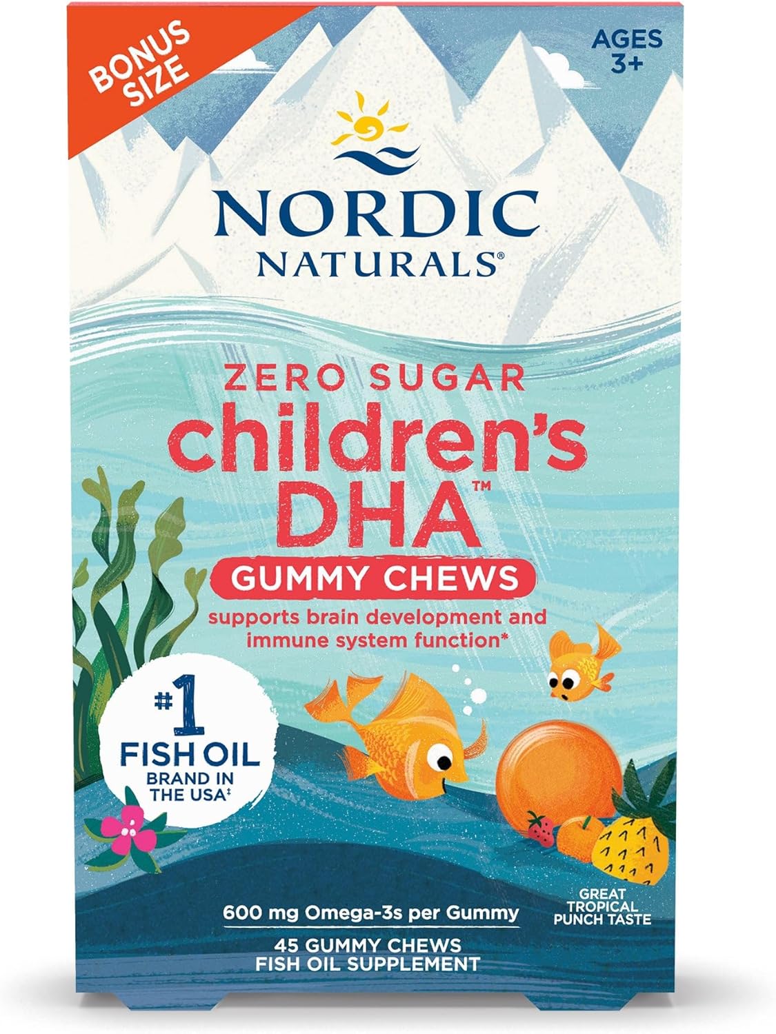Nordic Naturals Zero Sugar Children’S Dha Gummy Chews, Tropical Punch - 45 Gummy Chews For Kids - 600 Mg Total Omega-3S - Brain Development, Learning, Healthy Immunity - Non-Gmo - 45 Servings