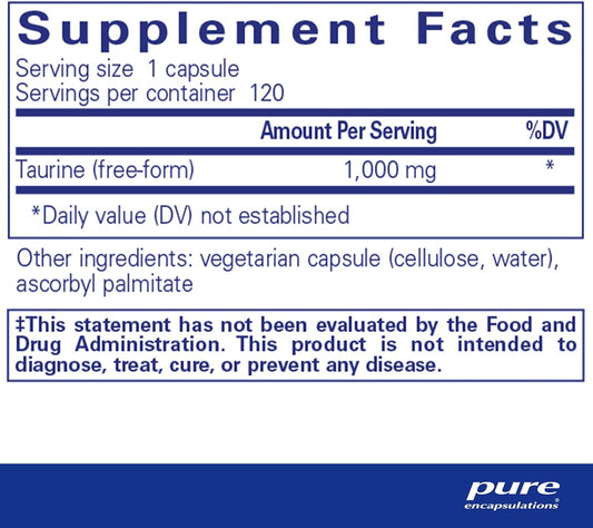 Pure Encapsulations Taurine 1,000 Mg - Supports Heart Health & Detox - Essential Amino Acid - Liver & Gallbladder Health* - Vegan & Gluten Free - 120 Capsules