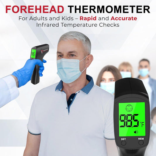 Forehead Infrared Thermometer for Kids/Adults/Room/Liquid Temperature Checks - Digital Handheld Non Contact LCD Thermometer with Alarm, 20 Memory Functions + Batteries Included