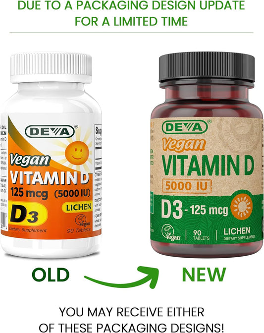 DEVA Vitamin D3 5000 IU, Sunshine Supplement, 125 mcg of Vegan D3, 90-Count Bottle