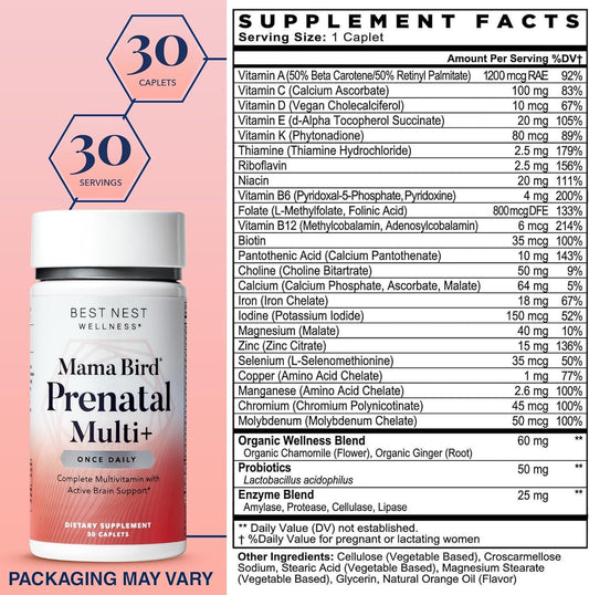 Best Nest Wellness Mama Bird Prenatal Vitamin: Vegan Prenatal Vitamins For Women W/Methylfolate (Folic Acid) W/Organic Herbal Blend, Prenatal Vitamins For Women B12, Choline, Once Daily, 30 Count