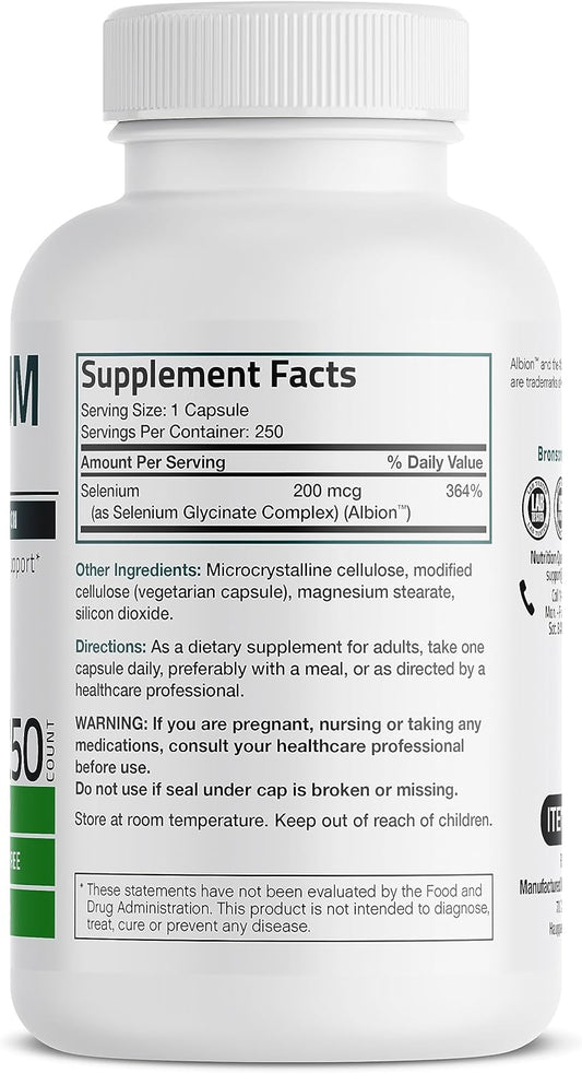 Bronson Selenium 200 Mcg – Yeast Free Chelated Amino Acid Complex - Essential Trace Mineral With Superior Absorption, 250 Vegetarian Capsules