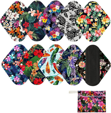 10 Pcs Reusable Menstrual Pad Set Including 1Pc Mini Wet Bag + 9Pcs Light Flow Daily Use Waterproof Mama Cloth Sanitary Napkin Pads Menstrual Pads (Panty Set, Panty Liner Bamboo Charcoal)