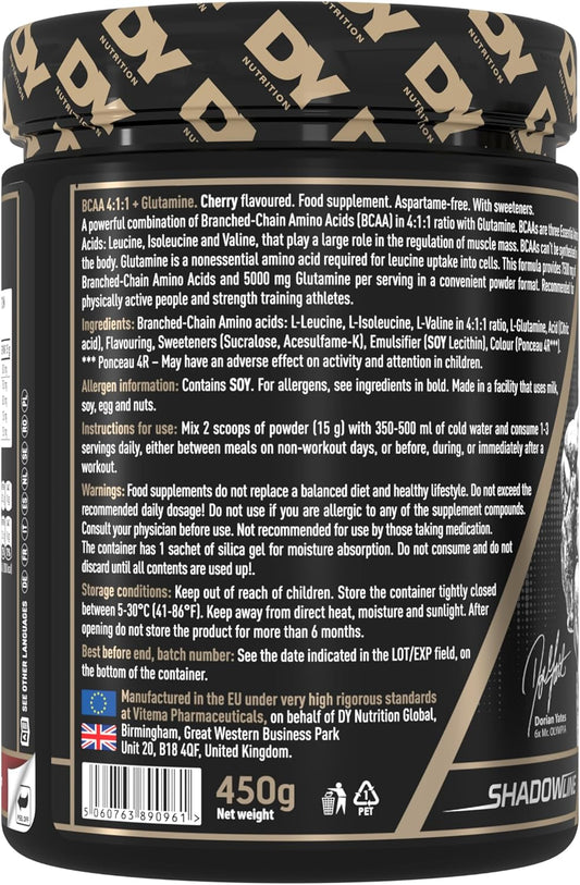 Dy Nutrition Hit Bcaa 4:1:1 + Glutamine, 450G, 30 Servings (Peach Flavour) Branch Chain Amino Acid Powder Drink For Optimal Pump & Performance | Pre & Intra Workout Supplement