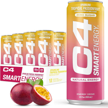 C4 Smart Energy Drink - Sugar Free Performance Fuel & Nootropic Brain Booster, Coffee Substitute Or Alternative | Tropical Passionfruit 12 Oz - 12 Pack