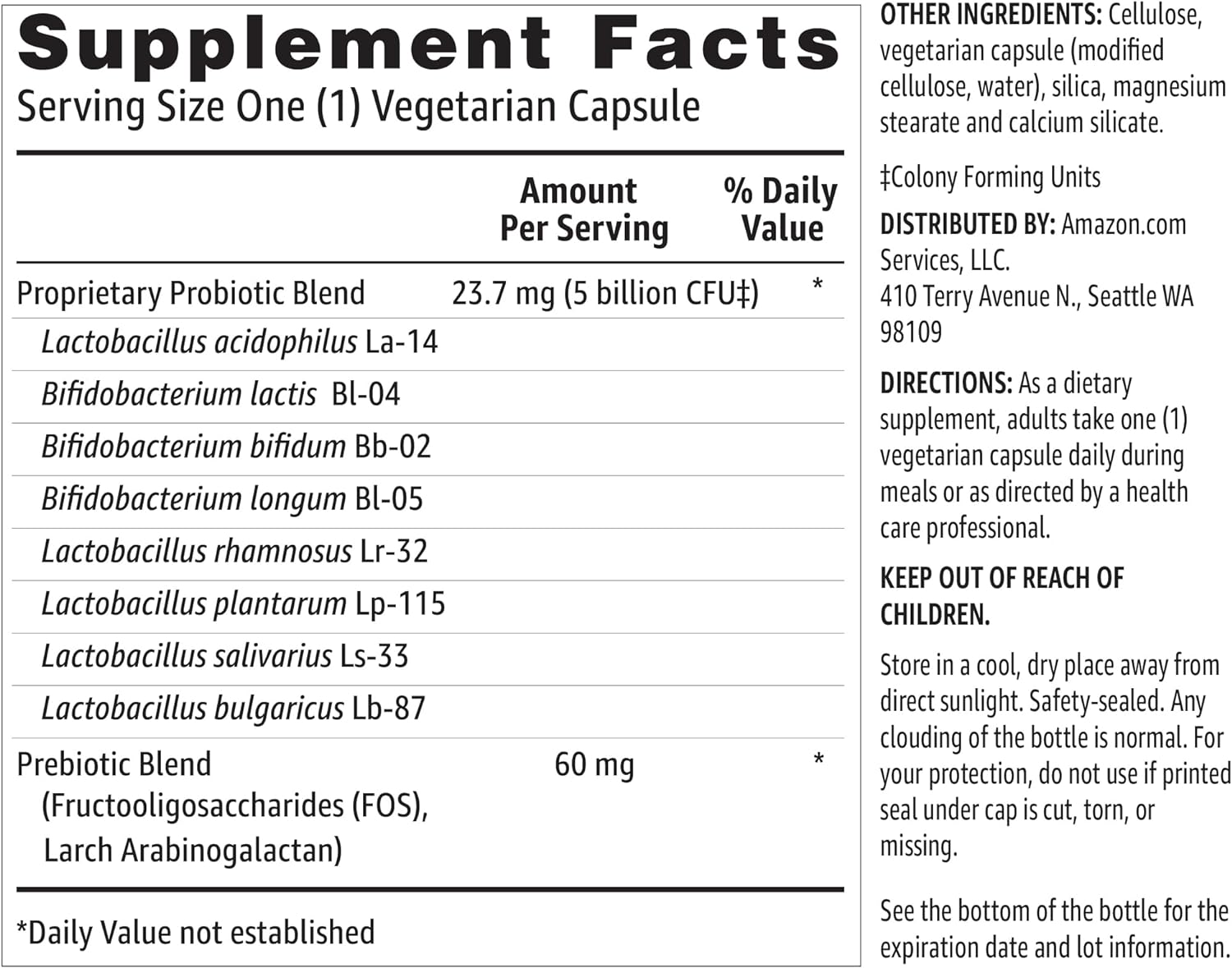 Amazon Basics Probiotic 5 Billion CFU, 8 Probiotic strains with 60 mg Prebiotic Blend, 60 Count Vegetarian Capsules, 2 Month Supply, Supports Healthy Digestion (Previously Solimo)